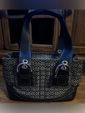 Coach Black Leather Trim Gray Signature Canvas Tote
